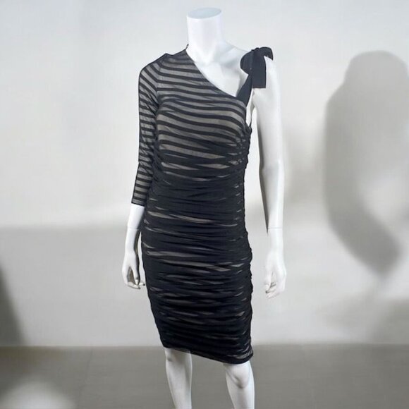 BCBGMaxAzria One Shoulder Striped Mesh Overlay Pencil Dress Black, size Medium - Picture 4 of 16